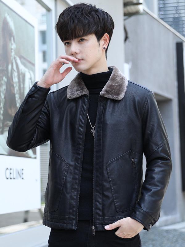 Men's Thick Leather Jacket with Fleece Lining - Lambswool, PU Leather, Lapel Collar, Warm Casual Coat for Spring & Autumn.
