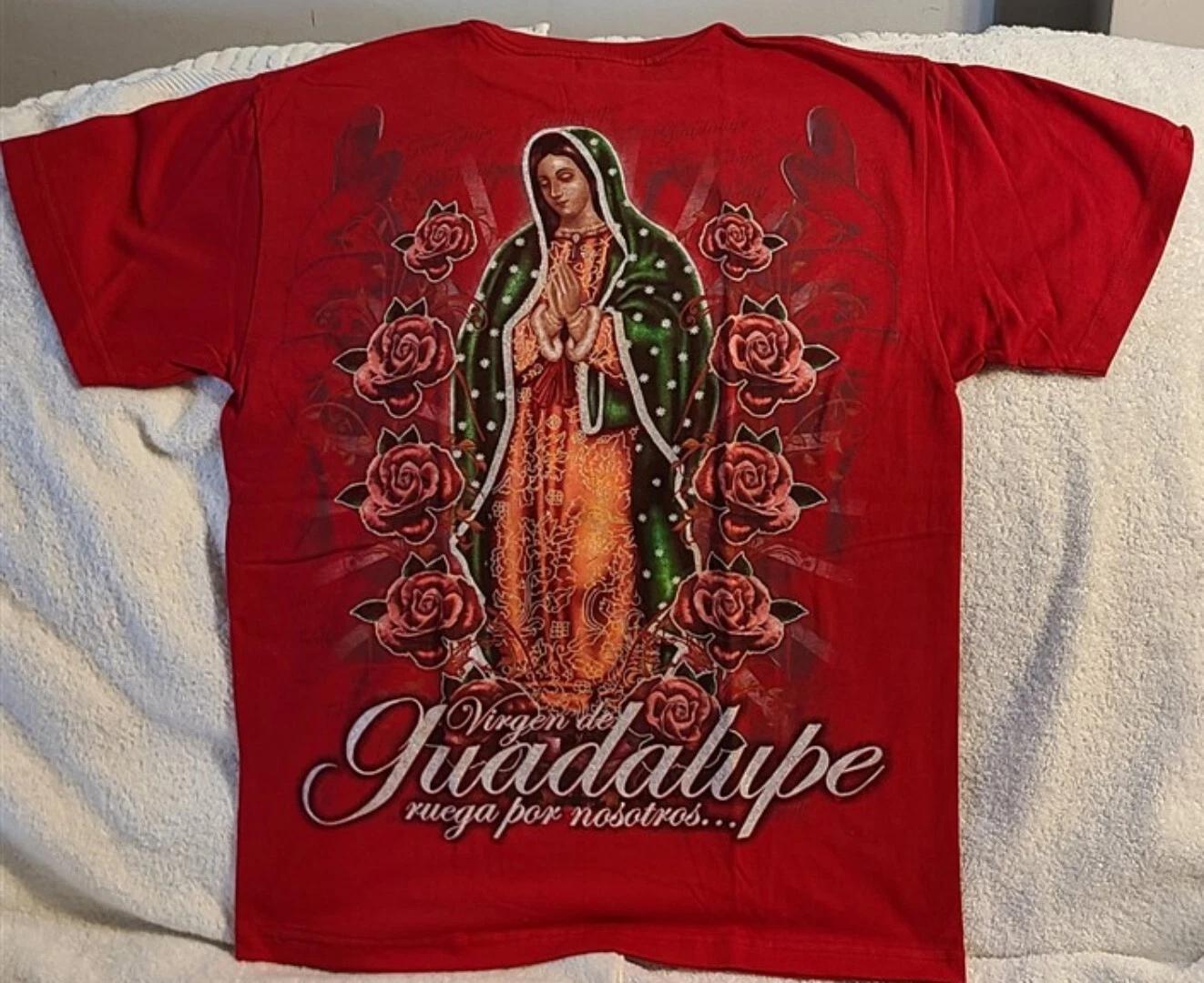 VIRGEN DE GUADALUPE PRAY FOR US RUEGA POR NOSOTROS ROSE FLOWER RED T-shirt M