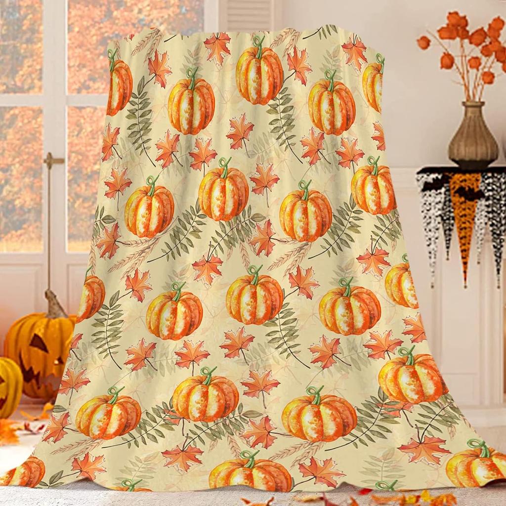 Harvest Autumn Throw Blanket Pumpkin Farmhouse Fallen Leaves Blanket Cozy Soft Lightweight Flannel Plush Blankets for Bed Couch