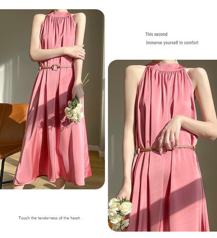 2024 Summer Women's French Retro Acetate Satin Halter Neck Sleeveless Dress