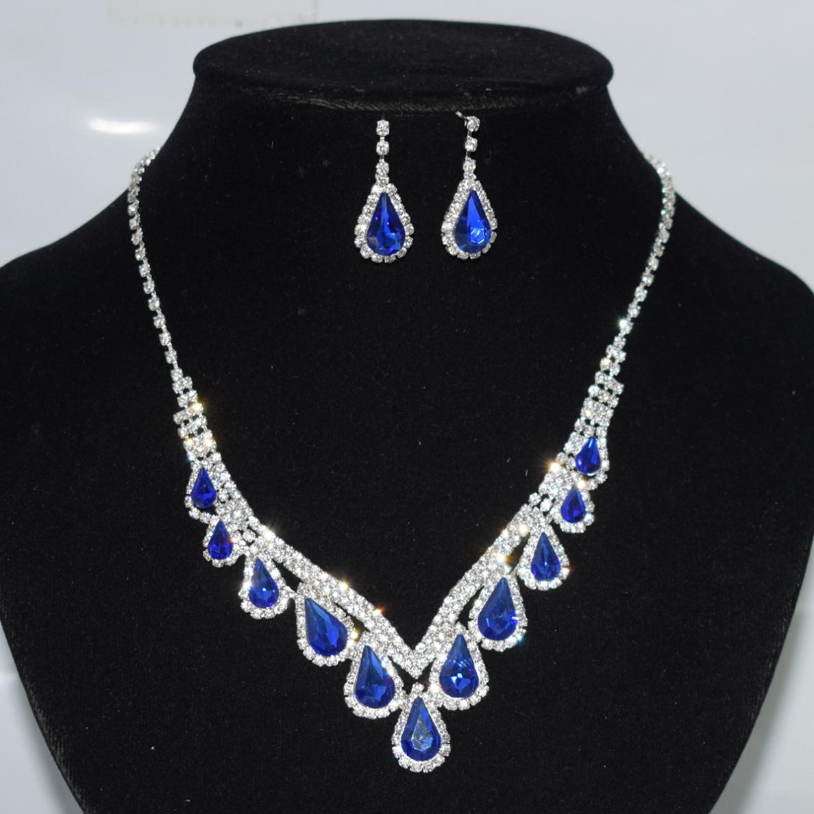 European and American Bride Claw Chain Ornament Blue Rhinestone Refined Earrings Necklace Simple Set Wedding Dress Accessories
