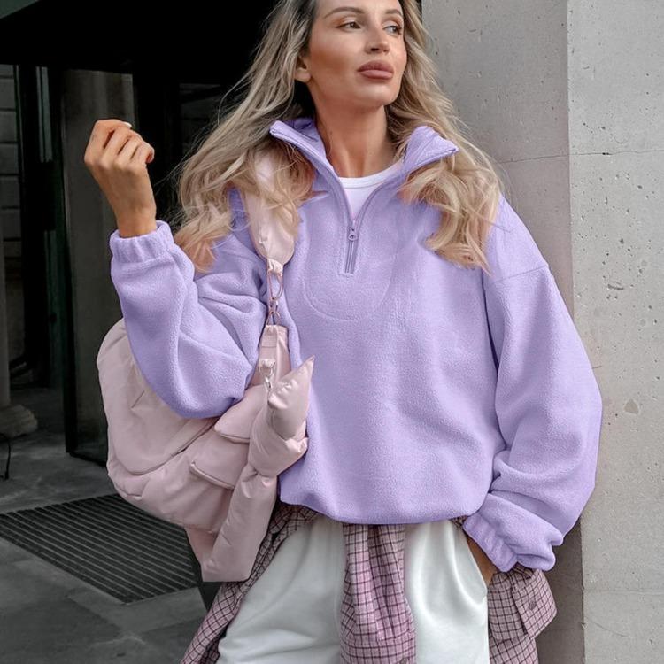 Autumn Winter New Women Casual Outerwear Top French Minimalist Loose Fit Fashion Sports Sweatshirt Solid Color