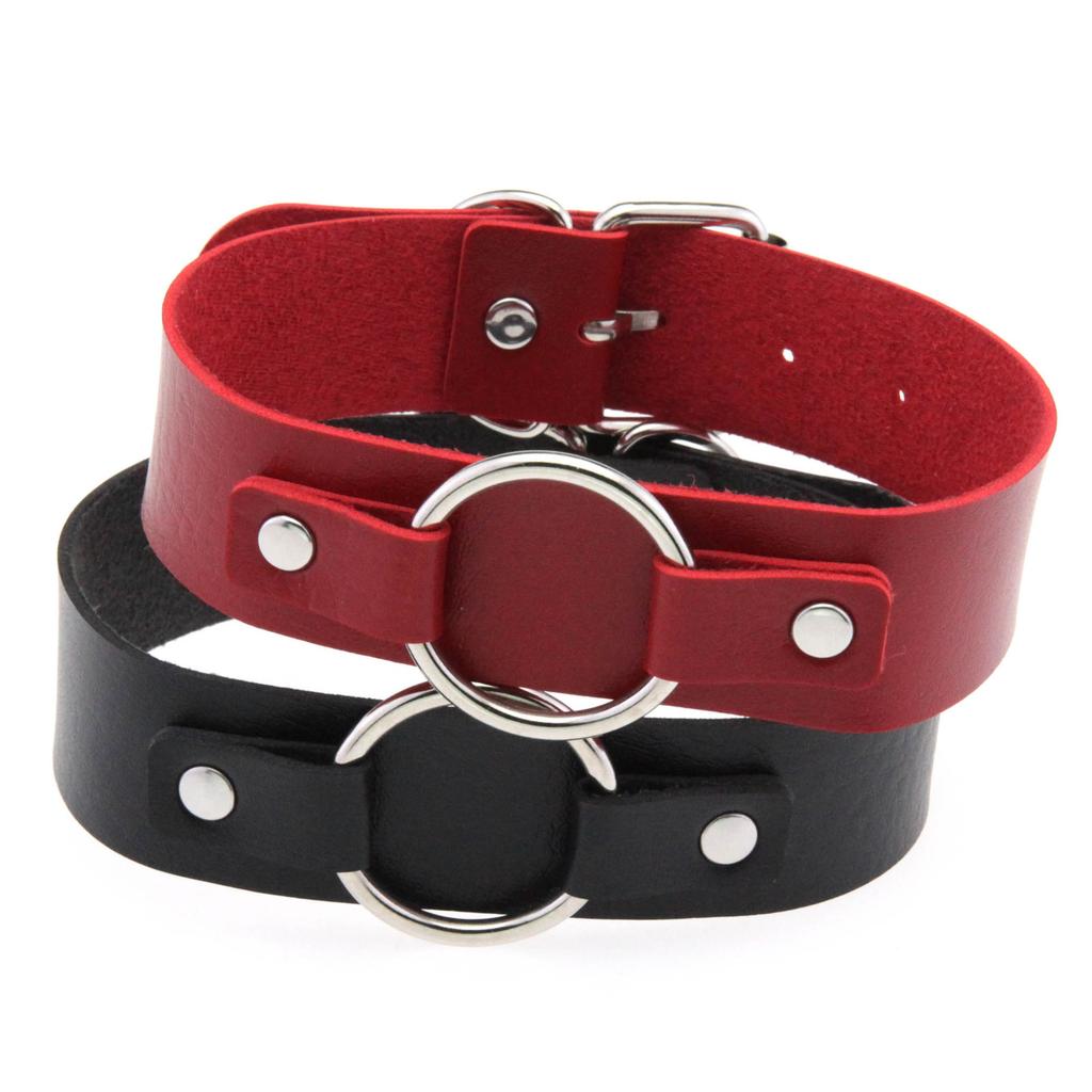 Unisex Round Ring PU Leather Choker, Harajuku Punk Adjustable Neck Collar