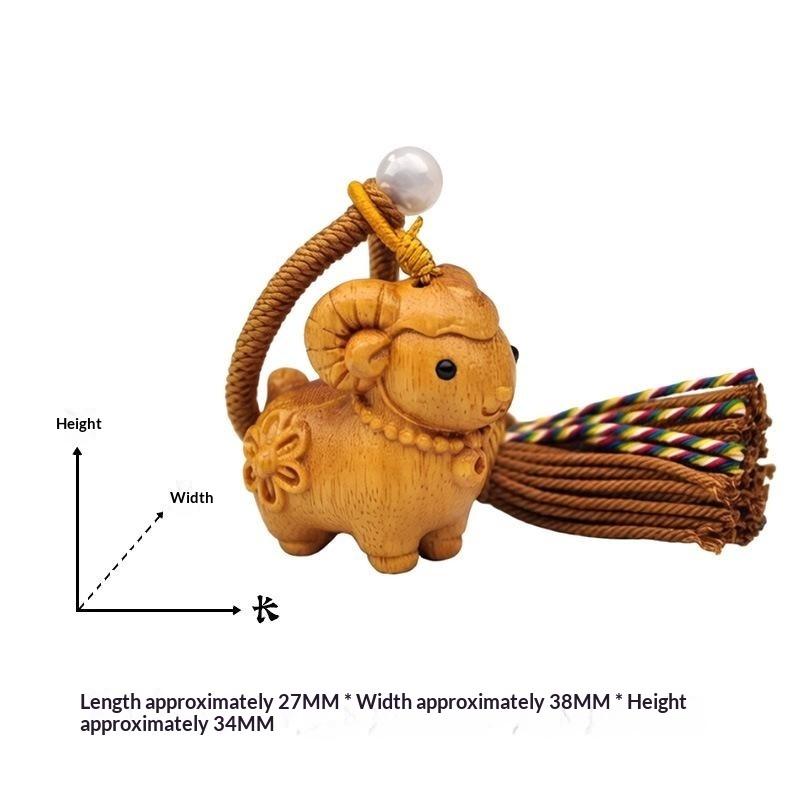 Carved Sandalwood Cute Ram Pendant Wooden Keychain Bag Decor Artistic Craft Creative Style Polished Surface Animal Zodiac