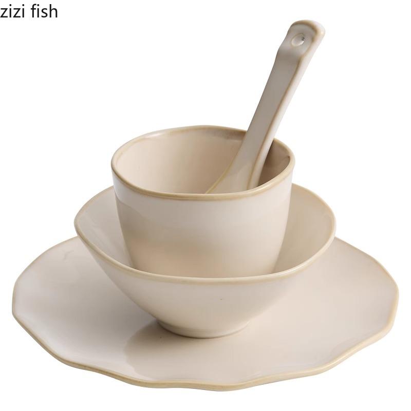 Beige Färg Keramisk Servis Set Ugnsväxlingar Soppsked Soppskål Desserttallrik Kaffemugg Restaurang Kreativ Skål Fat Set