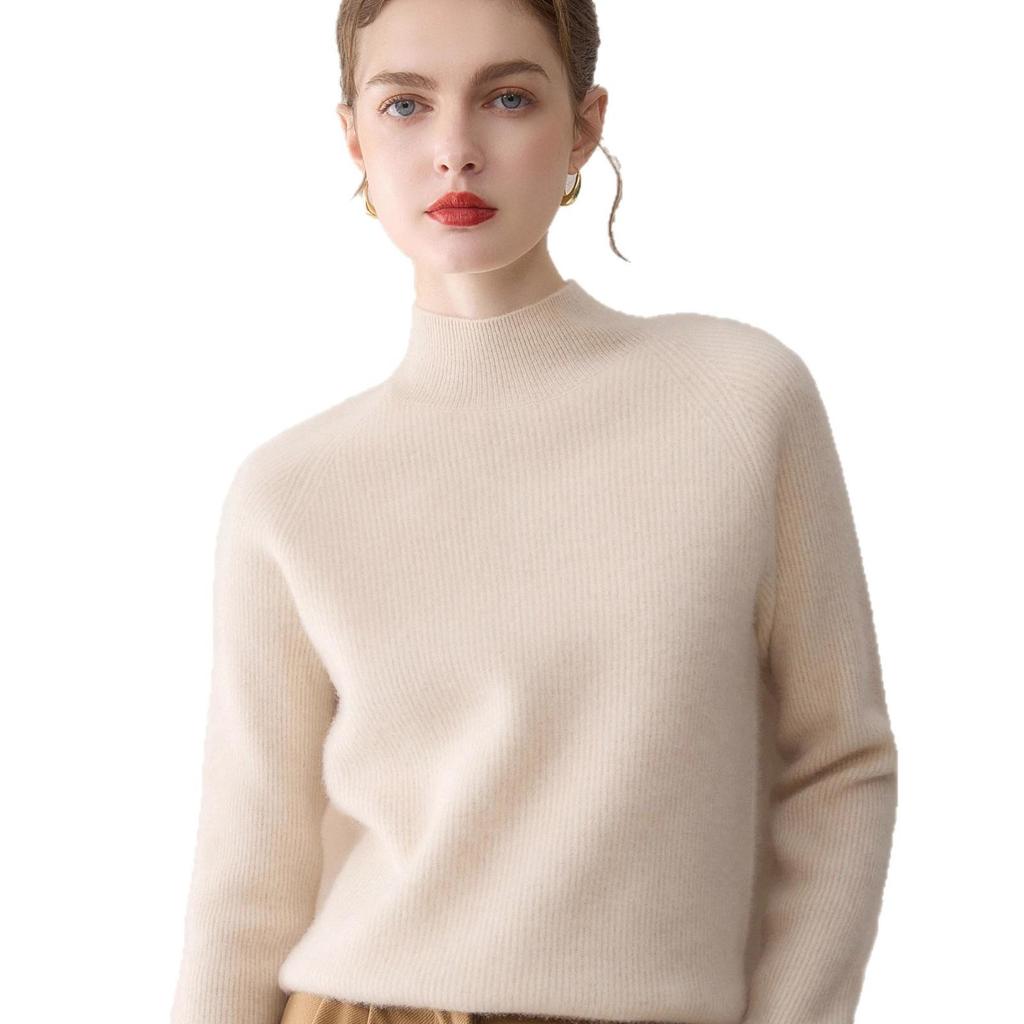 Women's Cashmere Knit Top, Half-High Neck, Loose Fit, Slimming, Thick Sweater for Autumn/Winter