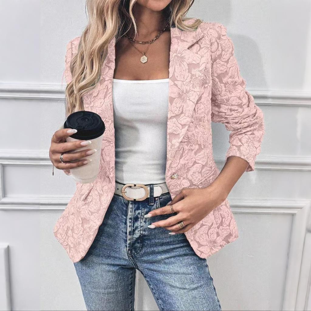 Women's Fashion Lapel Button Long Sleeve Casual Vintage Jacquard Slim Fit Blazer Jacket for Office Work Daily Wear