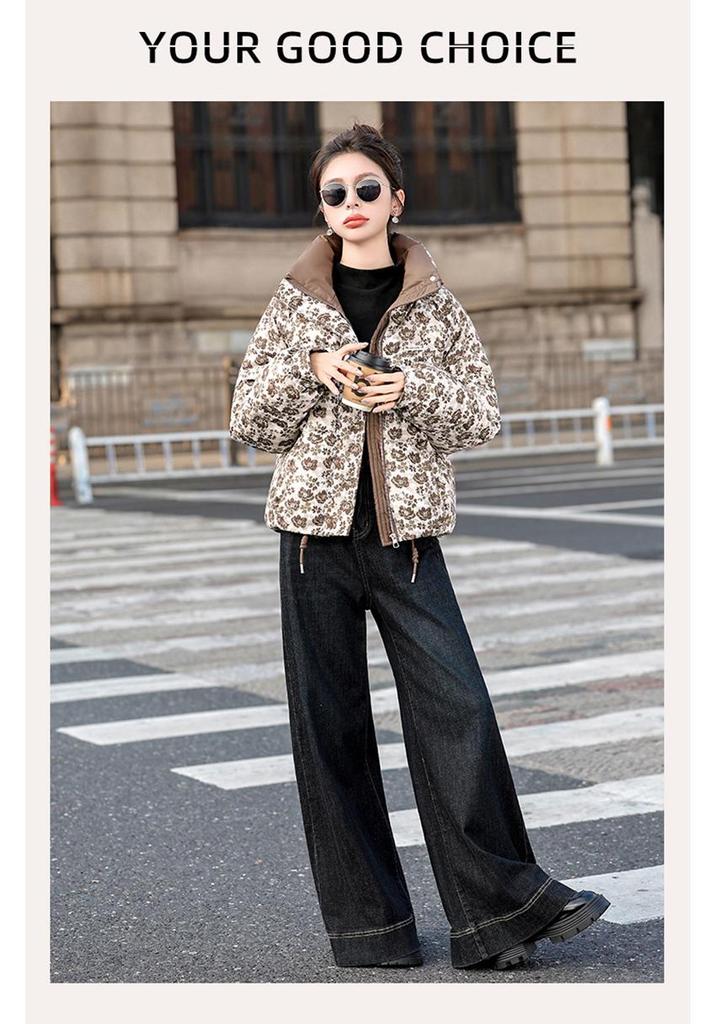 Women's Printed Cotton Padded Jacket, Stand Collar, Thickened Loose Fit, Short, Winter 2026, Small Floral Retro Style.