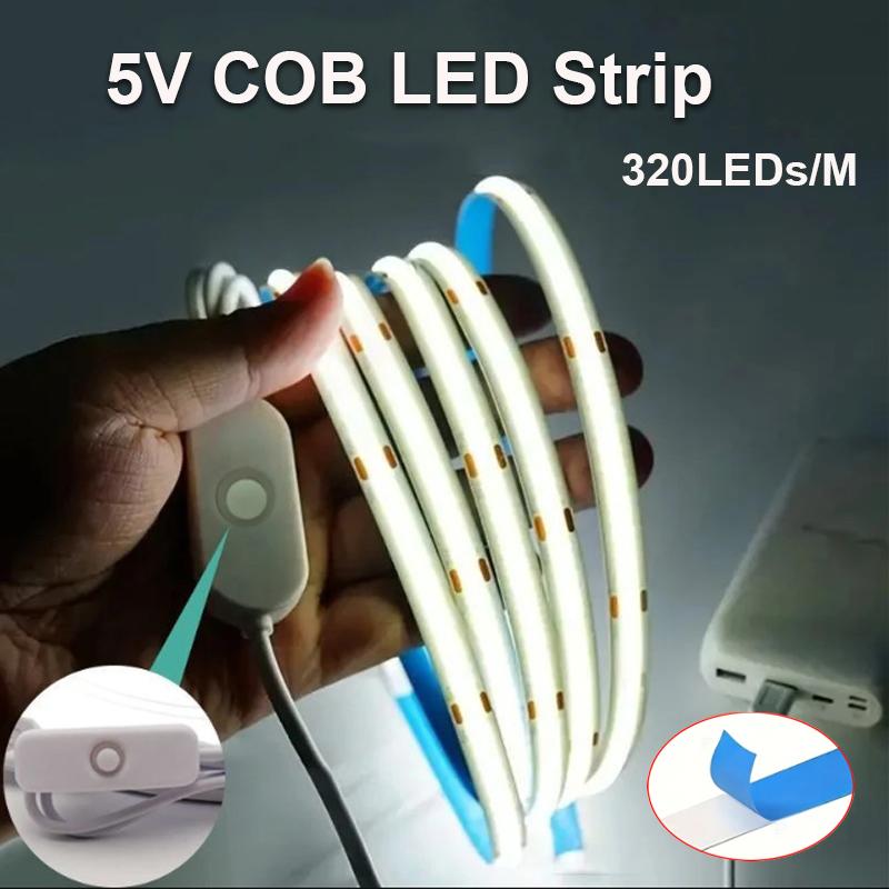 5V COB LED Strip Light Self-adhesive USB Flexible LED Tape with Switch High Density Linear Lighting for Kitchen Cabinet Bedroom