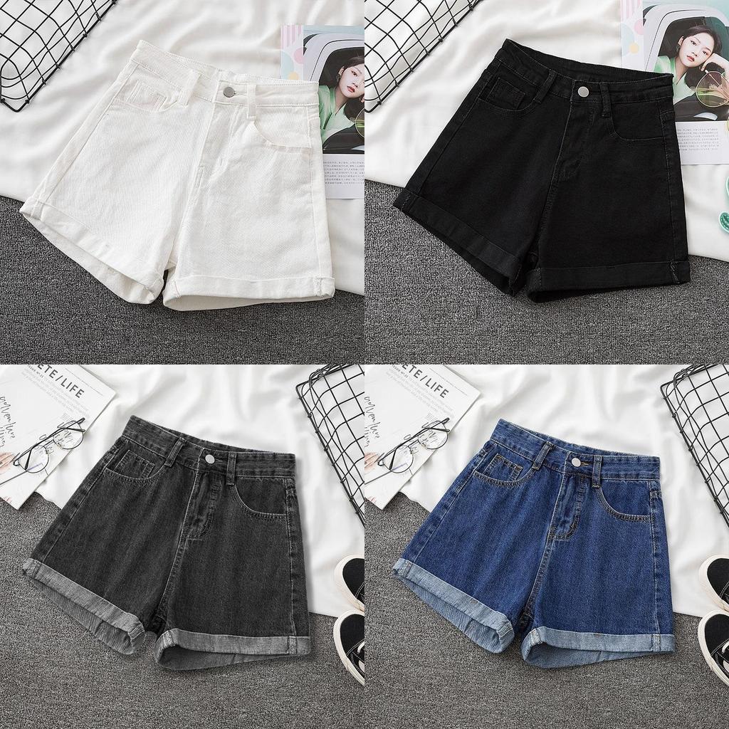 Basic-Baumwoll-Denim-Shorts für Damen, Sommer, hoher Bund mit umgeschlagenen Kanten, Freizeitkleidung