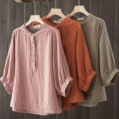 Women's Summer Literary Loose Floral Bat Sleeve Standing Collar Shirt Five Minute Sleeve Comfortable Pullover Top
