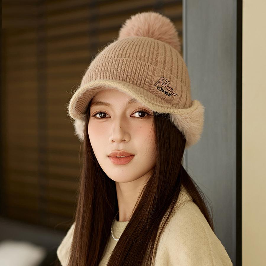 Casquette de baseball tricotée en fourrure épaisse pour femme, couleur unie, automne et hiver