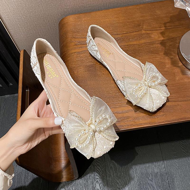 A square head flat heel single shoes women's new bow shallow mouth inner height increase women's shoes floating shoes