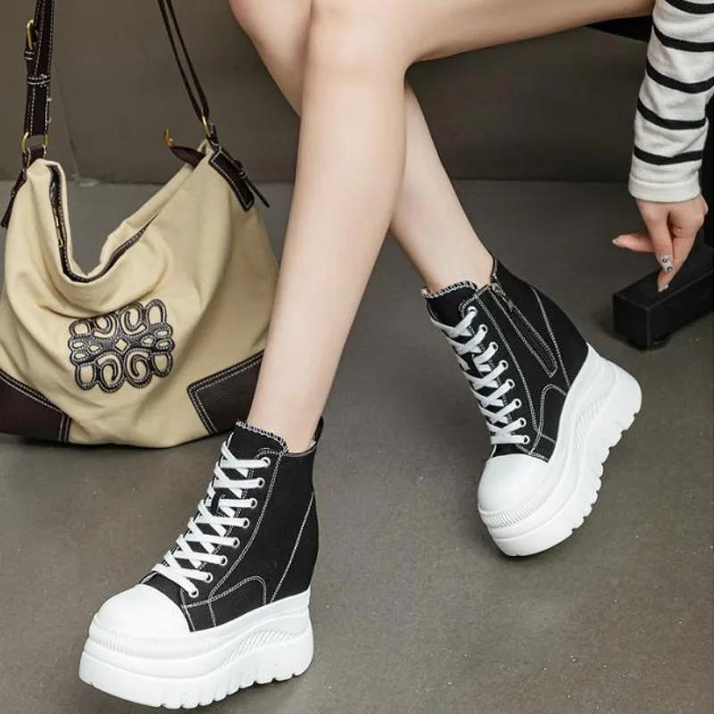 Fashion 12CM New Denim Women Breathable Platform Hidden Heels Shoes Genuine Leather Synthetic Chimney Fashion Spring Ankle Booties