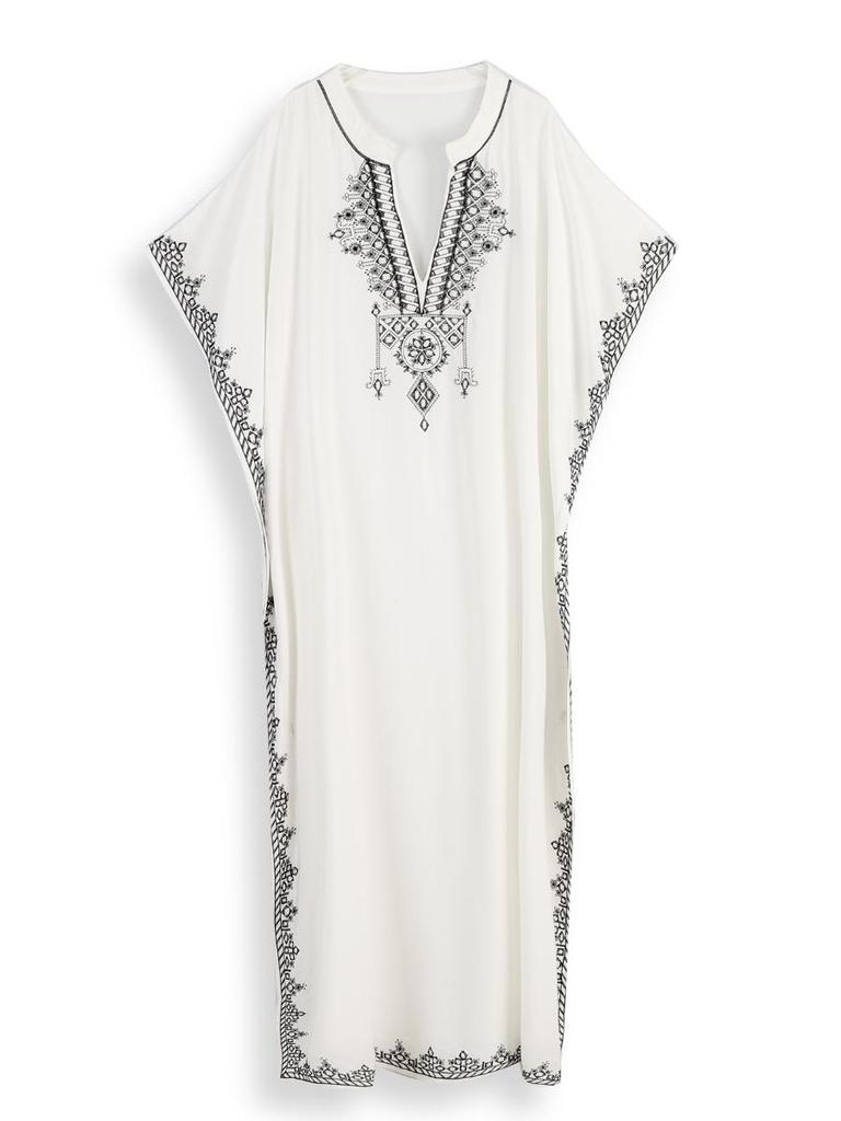 EDOLYNSA Vestido playero bohemio blanco con cuello de pico para mujer, Túnica larga, caftán Sexy, ropa de playa de talla grande, traje de baño Q1545 2024