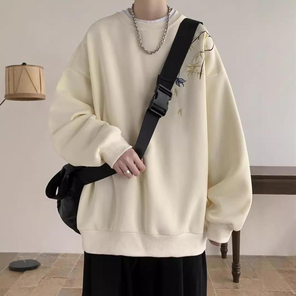 Chinese Bird Print Men Oversized Sweatshirt Fashion Loose Long Sleeve Couple Clothes