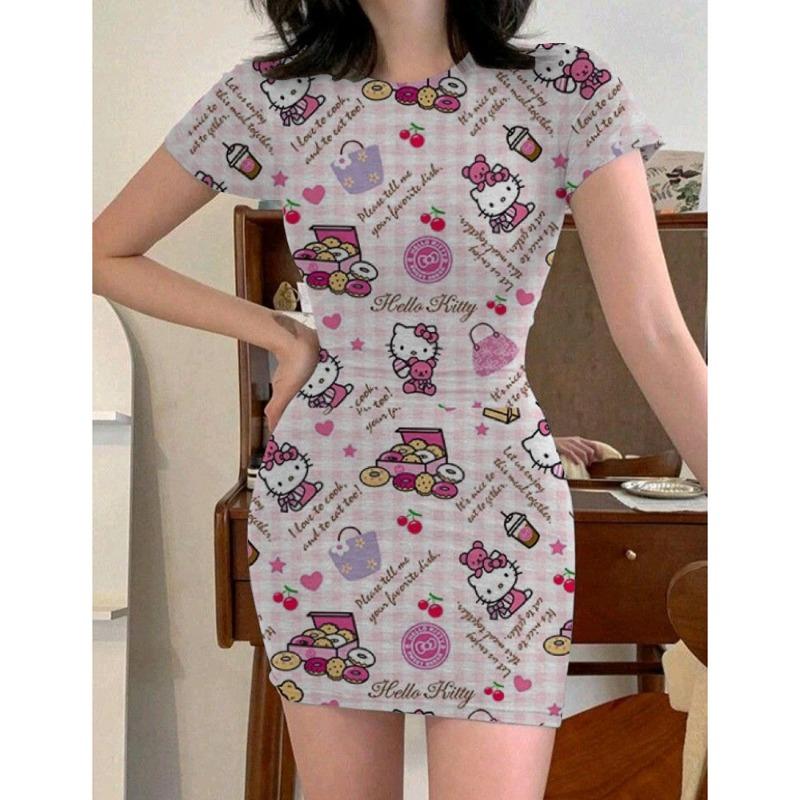 Y2k Fashion Women's 2024 Summer Sexy Tight Mini Dress Party Hello Kitty Printed Loose Short Dress