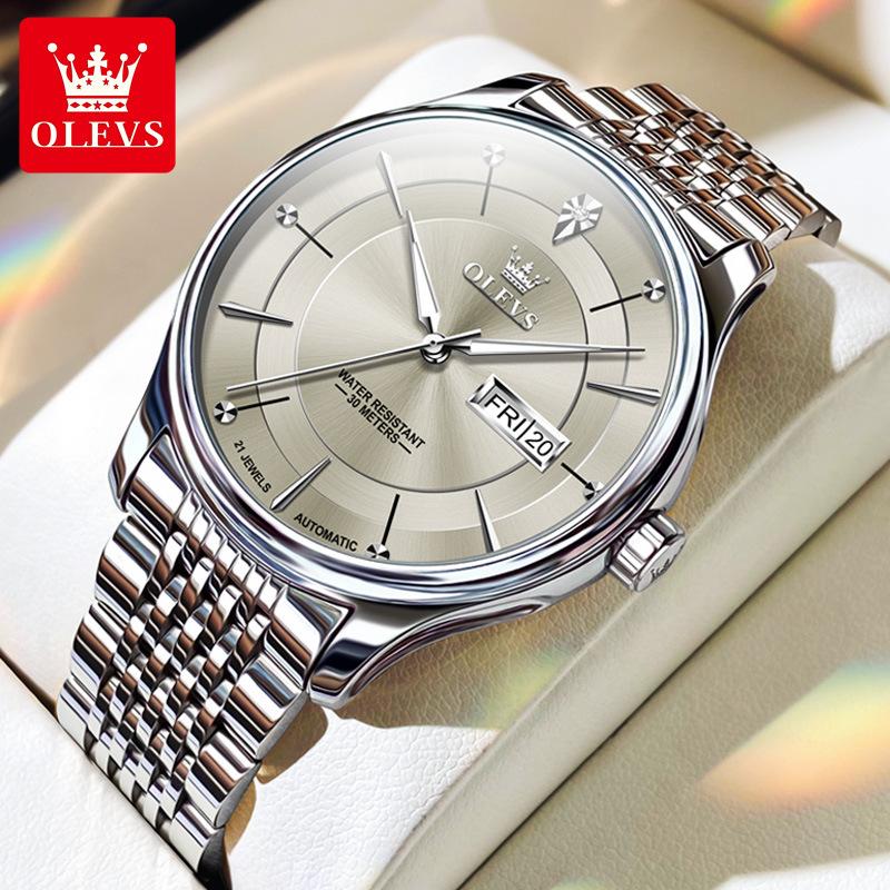 

Часы OLEVS, простые механические часы с двойным календарем, новые модные водонепроницаемые мужские часы, мужские часы
