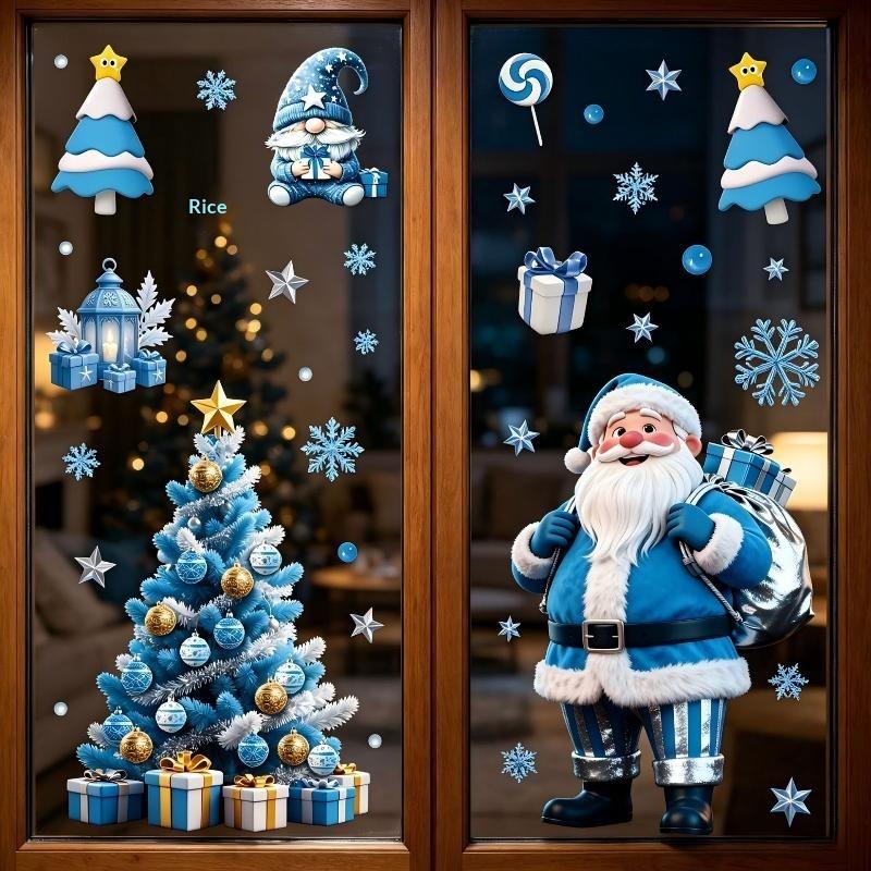Christmas Decorative Glass Sticker Snowflake Snowman Blue Crystal Ball Theme Non-residue Window Decal for Xmas Party Home