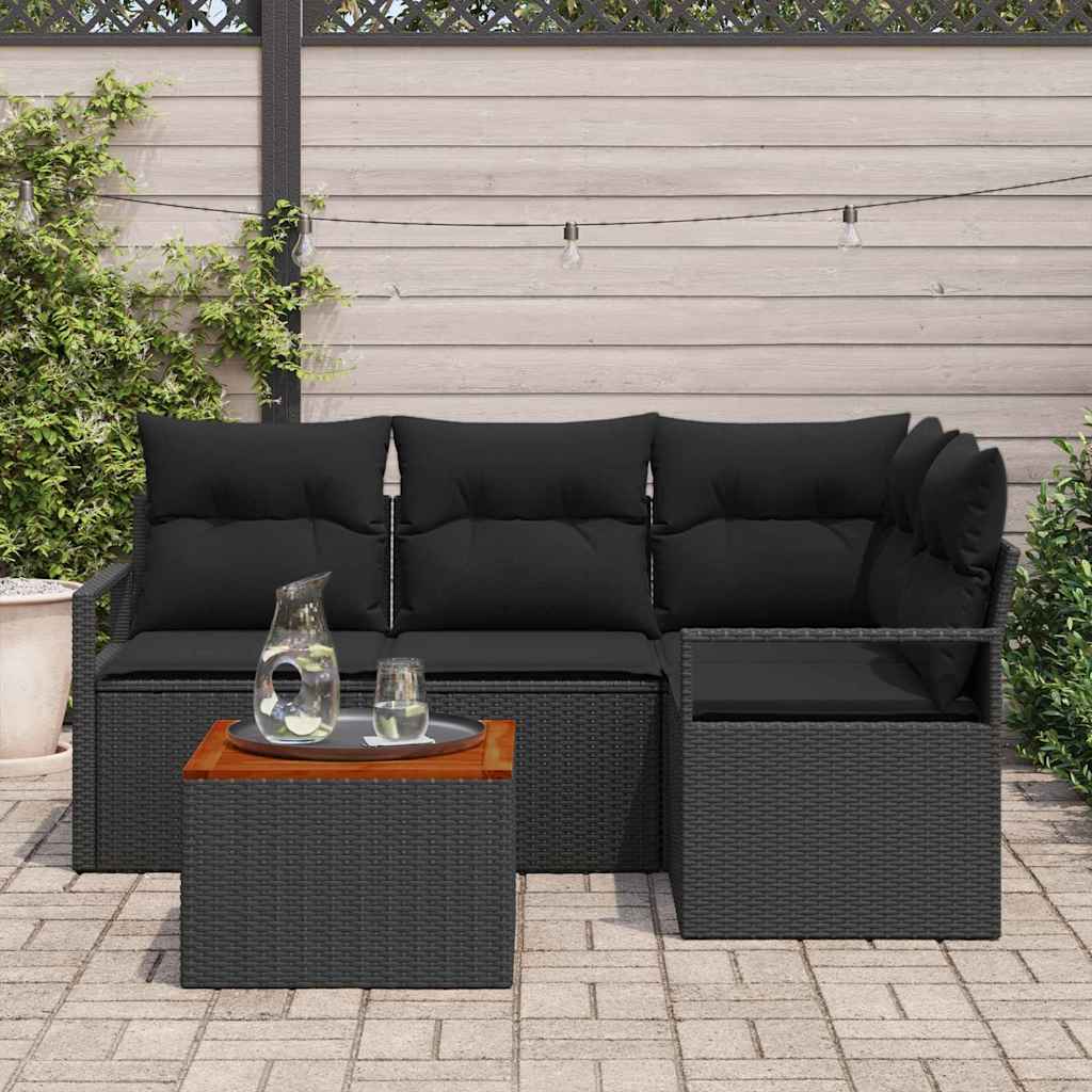 5 Piece Garden Sofa Set with Cushions Black Poly Rattan