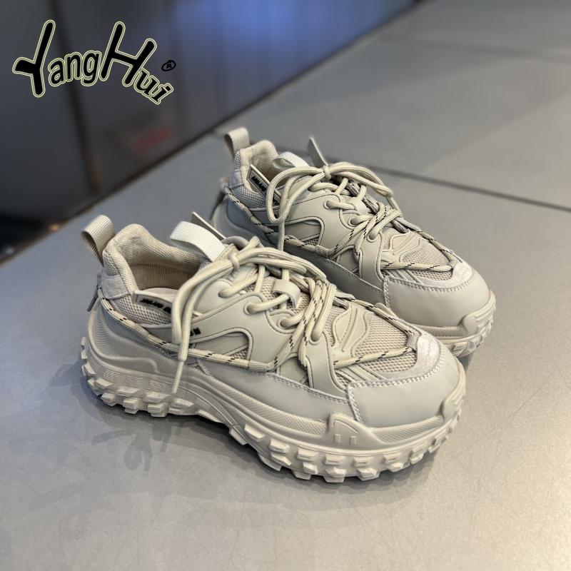 Retro Sports Leisure Tire Base Platform Shoes Heel Height Med 3cm-5cm Mesh Splicing Sneakers 2024 New Fashion Autumn and Winter