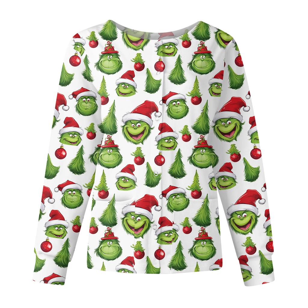 Women's Casual Fashion Long Sleeve Standing Collar Single Breasted Christmas Print Workwear Jacket Tops