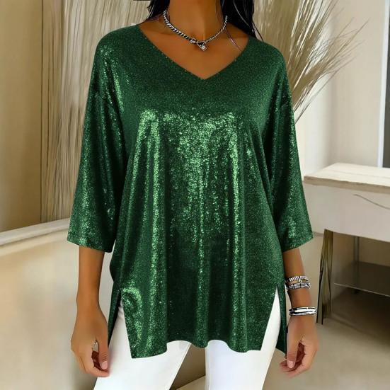Women Tops V-Neck 3/4 Sleeves Loose Fit Pullover Tops Solid Color Loose Fit Glossy Design Casual Tops Women Clothing