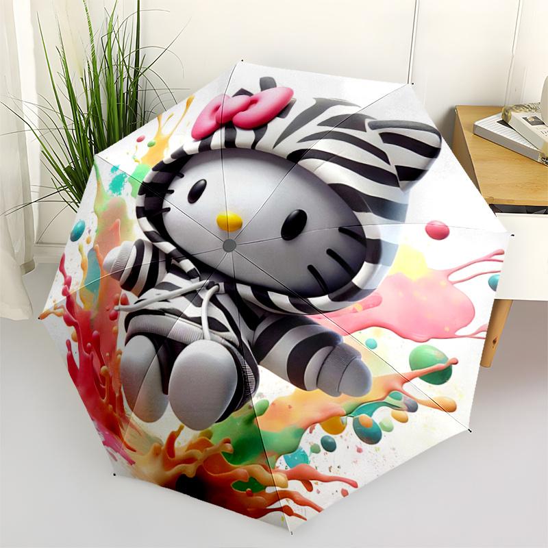 1pc Hello Kitty Zebra Print Hoodie with Automatic Opening Umbrella - Portable Folding Design, 8-Rib Iron Frame Outdoor Umbrella, Ideal Gift for Fans,