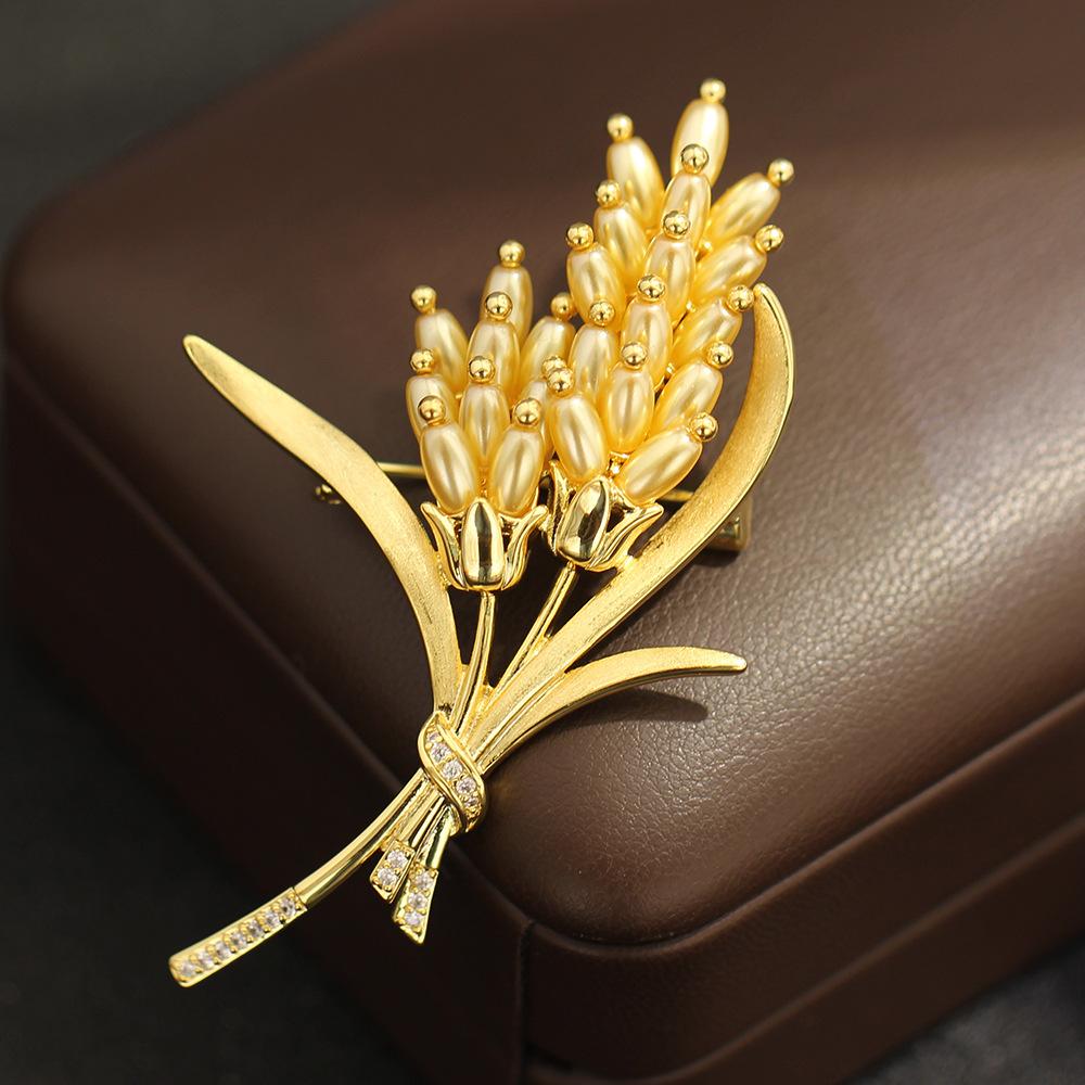 Новый продукт, элегантные золотые матовые ветки и листья, имитация жемчуга, золотой колос, брошь, элегантная и универсальная, булавка с колосьями, женская