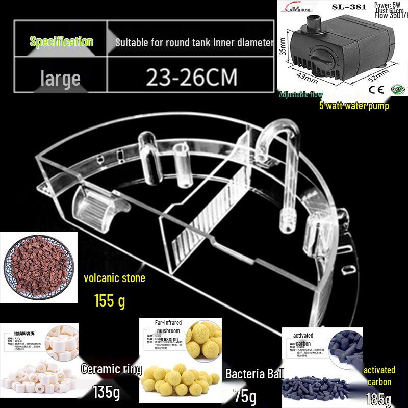 Round Glass Fish Tank: 3-in-1 Silent Filter, Oxygenator, and Waterfall Box with Ceramic Trickle Media.