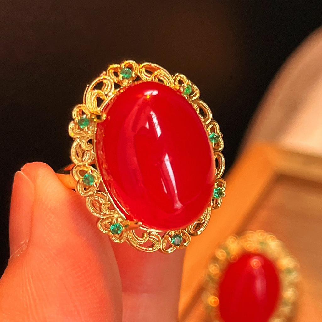 Jade Rot Beleuchtung Natürlicher Chalcedon Ring Achatring, Echte Aufnahme