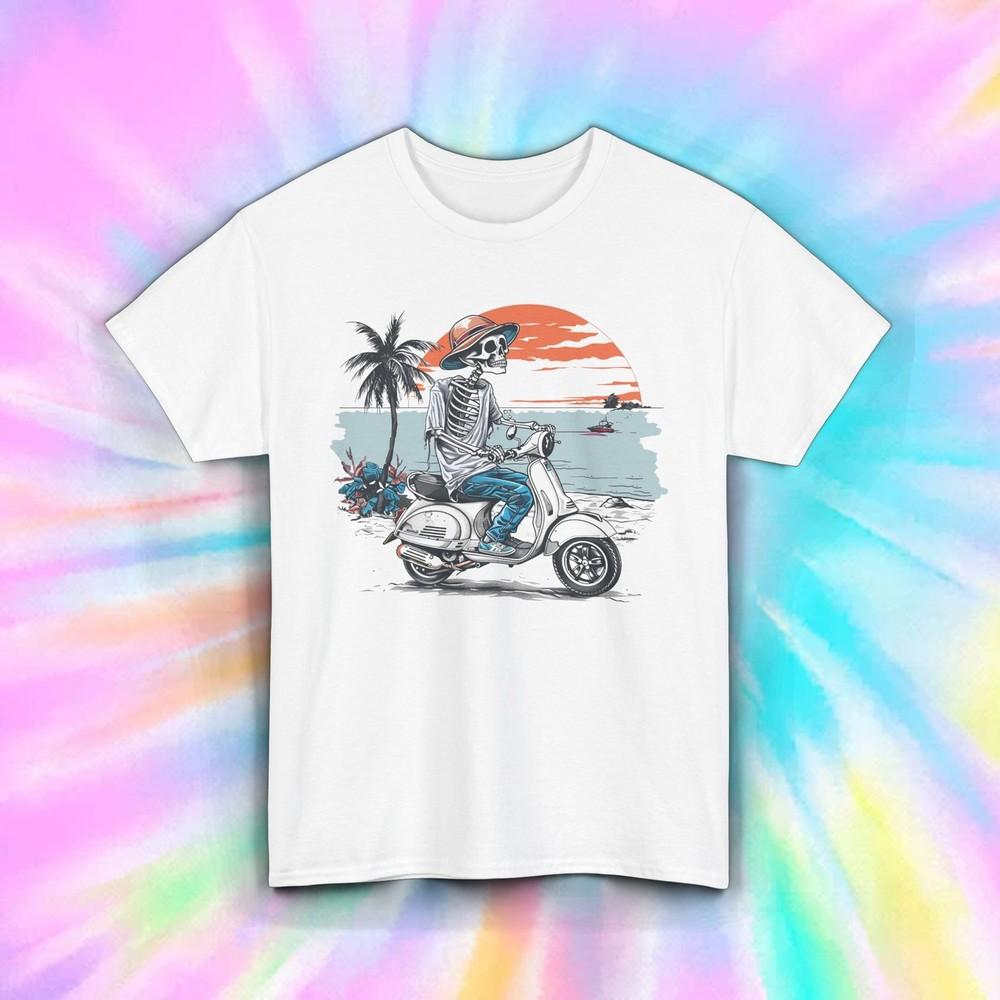 

Скелет Скутер Футболка Пляжный Закат Тропическое Лето Байкерская Футболка S-5XL 4XL
