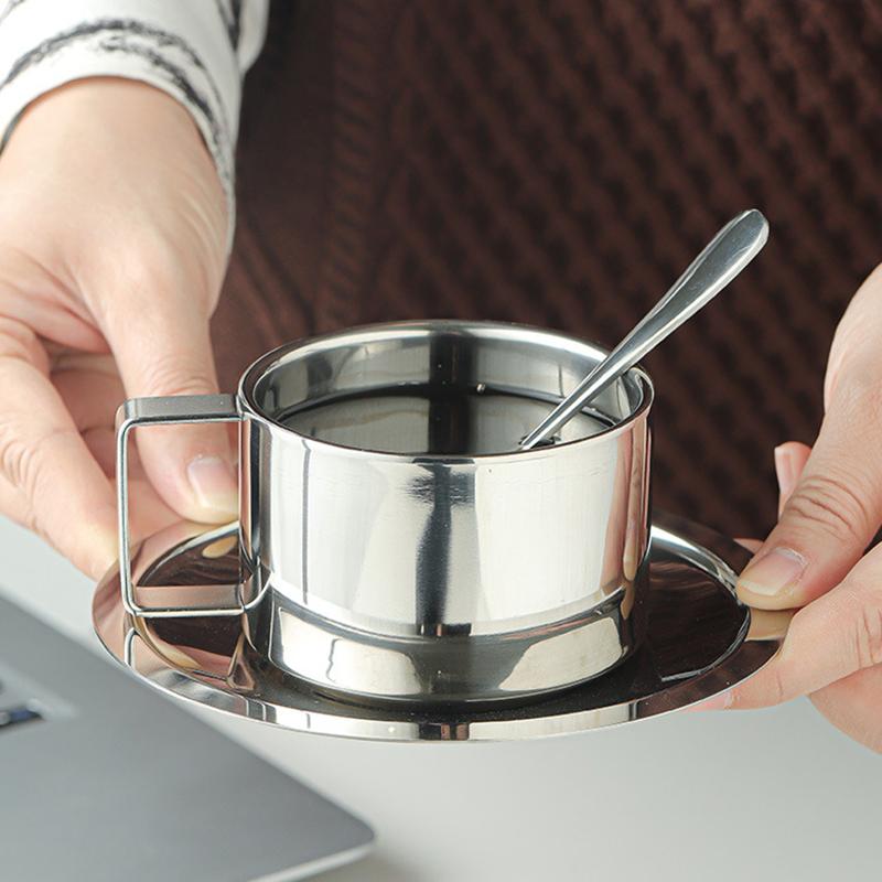 Vintage Stainless Steel Coffee Mug Cups Delicate Coffee Cup And Saucer Set Flower Tea Mug Home Coffeeware Espresso Cups