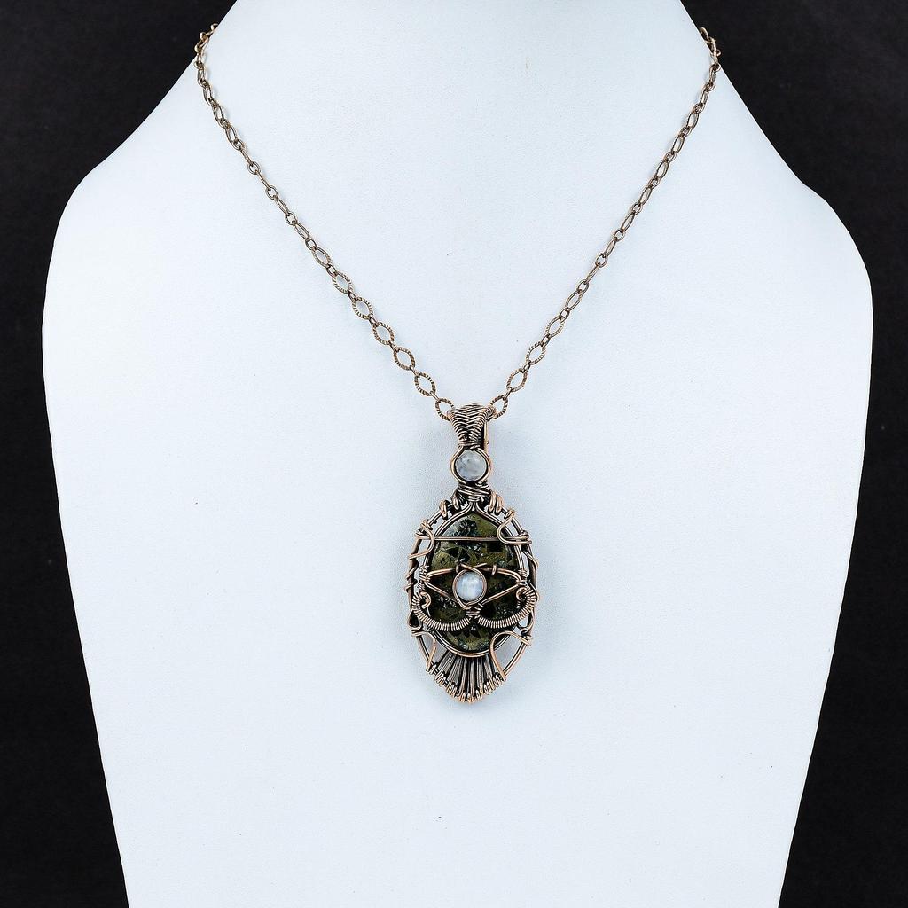 Evil Eye Copper Seraphinite Pendant Copper Wire Wrapped Gemstone Pendant Rainbow Moonstone Pendant Handmade Copper Jewelry Anniversary Gift