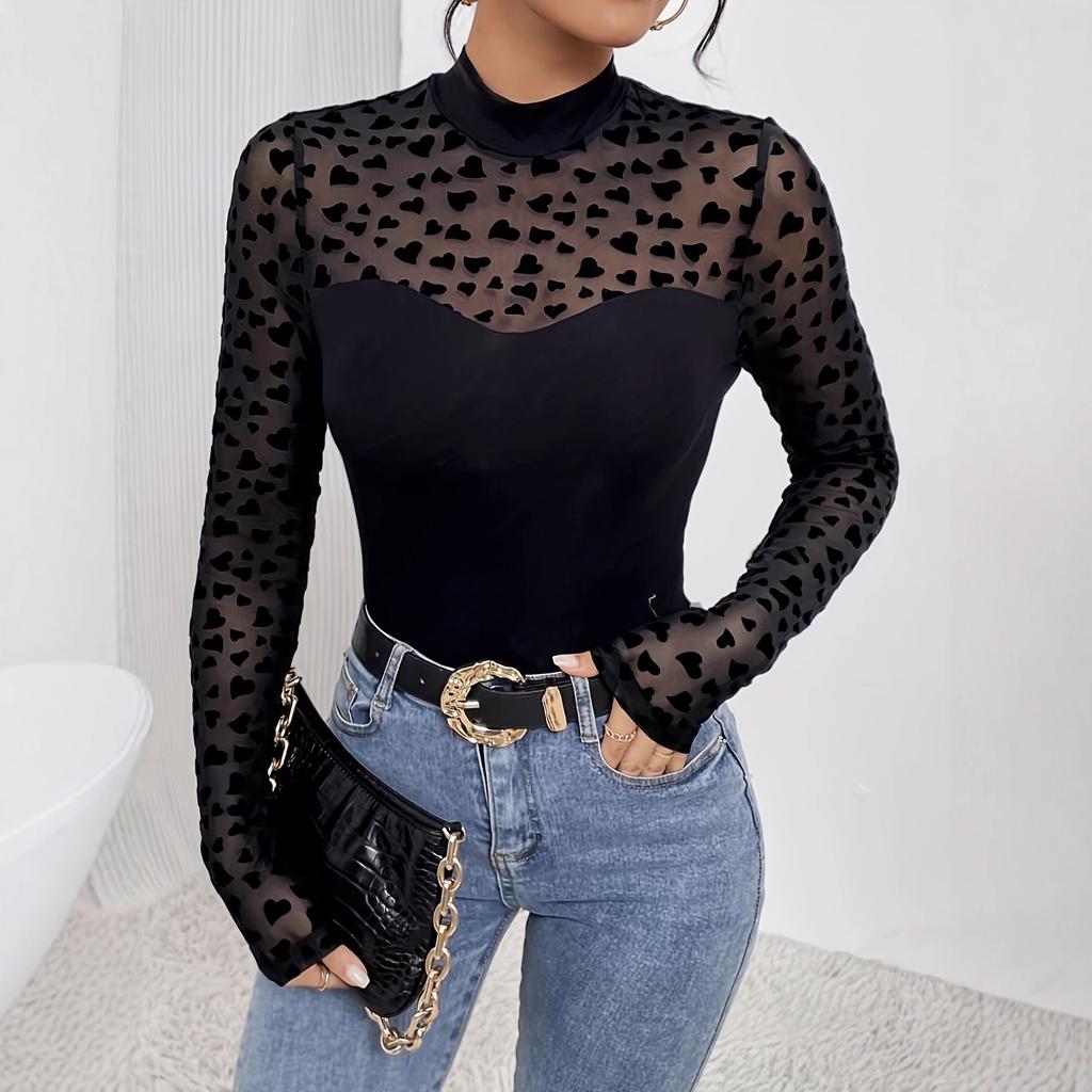 Spring Mesh Patchwork Long Sleeve Slim Base Layer T Shirt Top Women Fashion Daily Basic Office Lady Casual Slim Fit Ladies Elegant Top