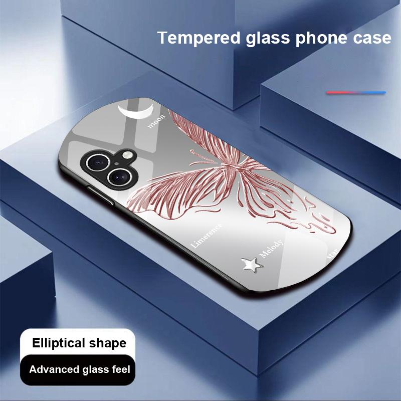 Metallic Butterfly For Apple IPhone 16 11 13 15 14 Pro Max 12 Mini 7 8 Plus XR X XS Elliptical Shaped Tempered Glass Phone Case