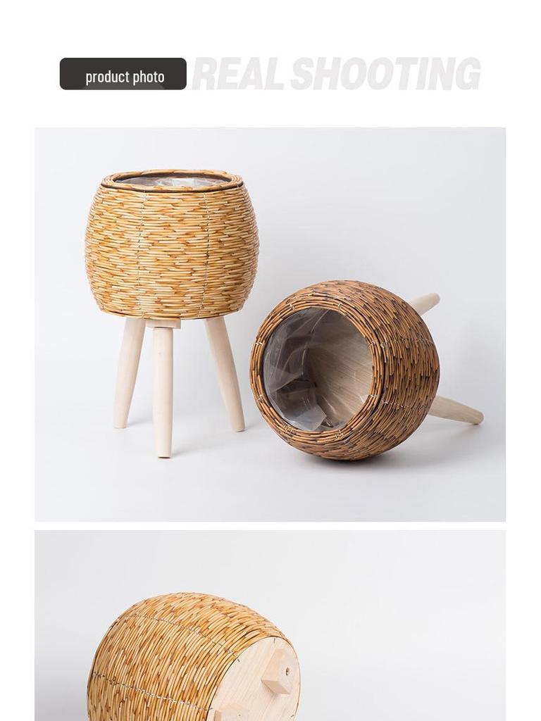 Imitation Rattan Triangular Flower Pot Stand: Creative Desktop Succulent Storage, Straw Woven Design, Large.