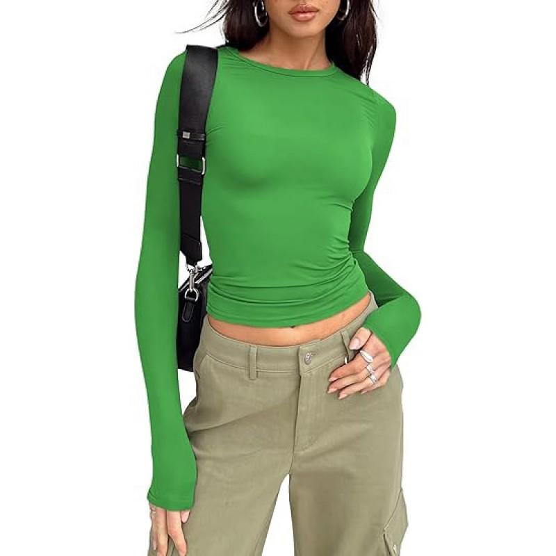 Womens Basic Long Sleeve Top Slim Fit Round Neck Milk Soft Tee Casual Everyday Wear