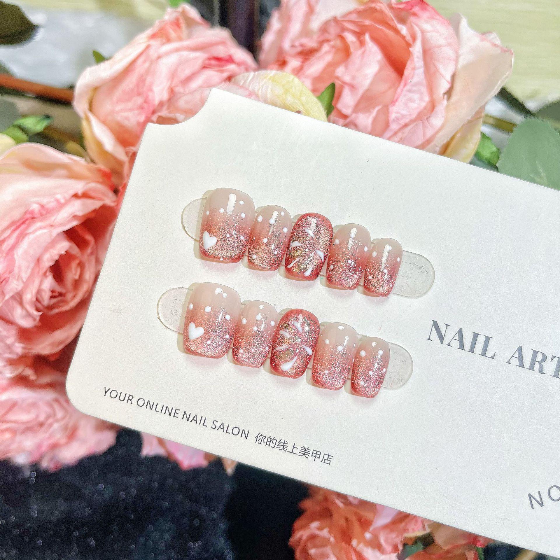 

Свадебные короткие ногти с шампанским глиттером - Съемные накладные типсы ручной работы с отбеливающим эффектом Small