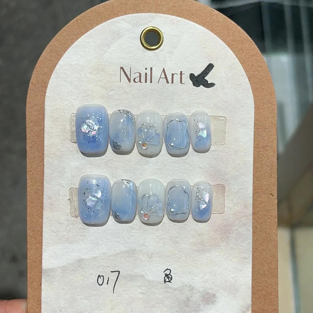 10Pcs Short Handmade Pink Press On Nails Spring French Rhinestone Full Cover Fake Nail Plaid Manicure Wearable Nail Tips Art