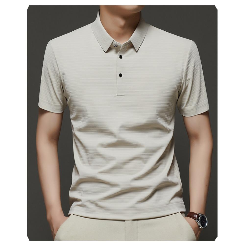 Seamless Stretch Short-Sleeved Polo Shirt for Men – Lightweight, Cooling Ice Silk, Loose-Fit Collared T-Shirt for Middle-Aged Men