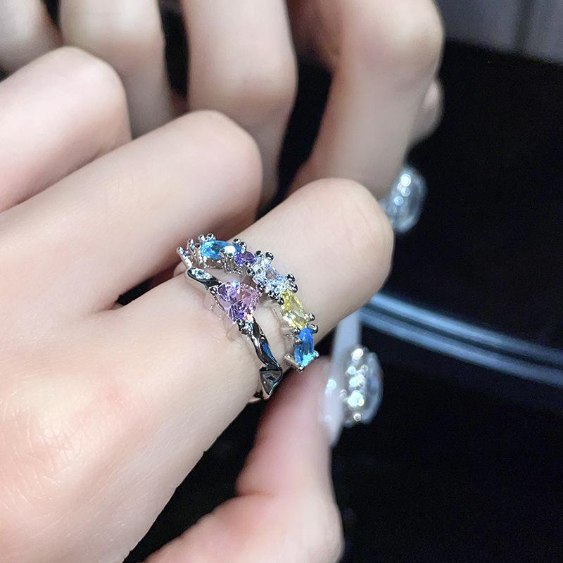 Liebe Farbige Diamanten, Zirkonia Schleifen, Kalter Wind, High-End Nischen Design, Personalisierbares Stapeln, Offene Ringe Tragen, Damen