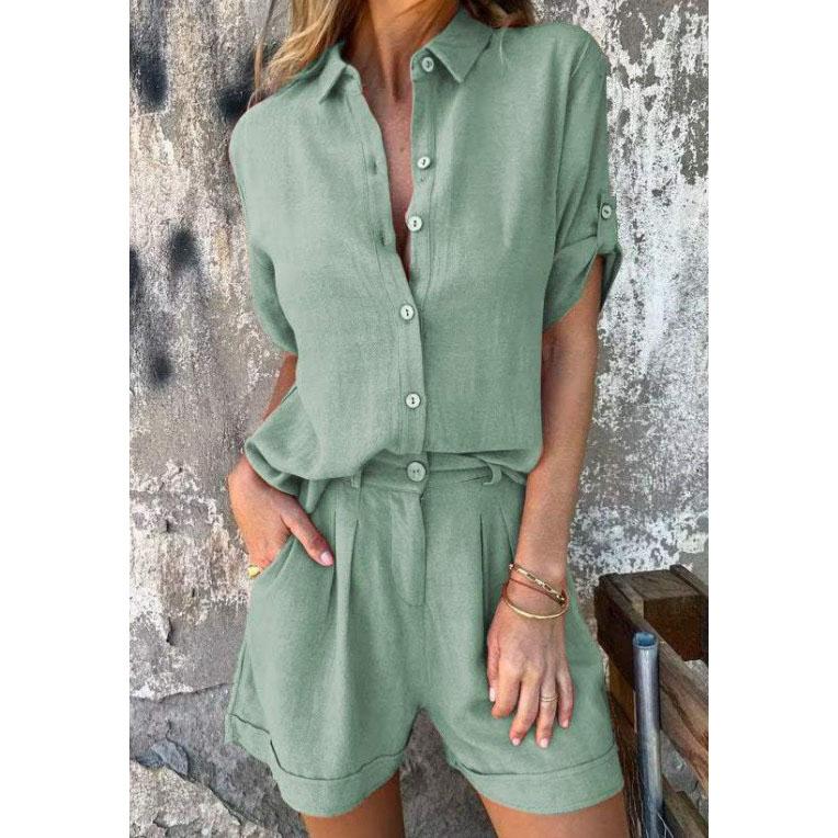 Summer Women's Fashion Elegant Shorts Short Sleeve Two-Piece Set Casual Commuter Loose Button Shirt Tops And Shorts Set