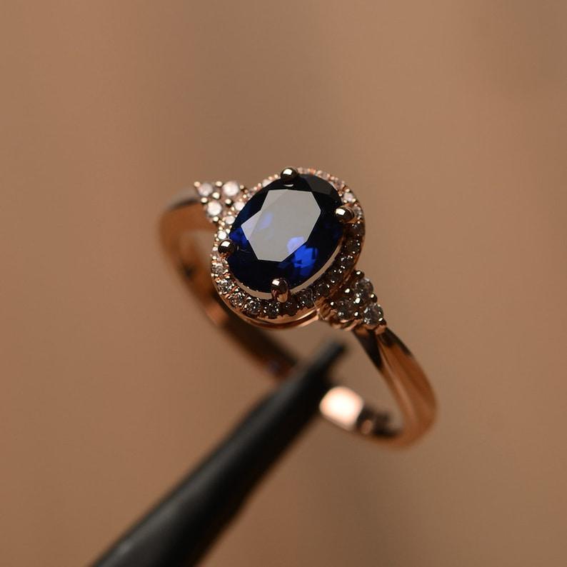 Inel de promisiune halo cu piatră prețioasă Safir Albastru din Argint Sterling 925 pentru Femei, Inel cu Piatra Natală din Septembrie în Formă Ovală pentru Logodnă