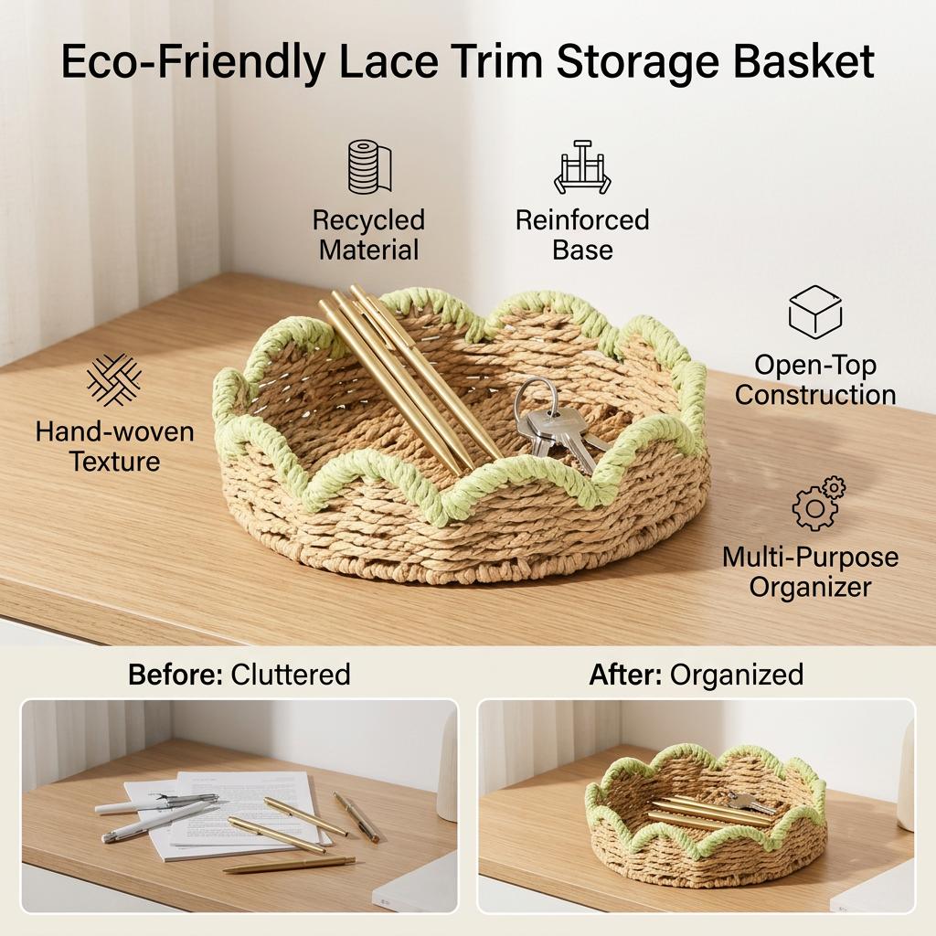 Green Paper Rope Storage Basket With Lace Design For Desk Organization