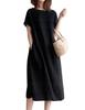 Cotton Linen Blend Long Loose Midi [SpringSwalloow] Dress, Women's Short-Sleeved Dress, Fit, A-Line, Figure-Flattering, Length, Plain, Simple,