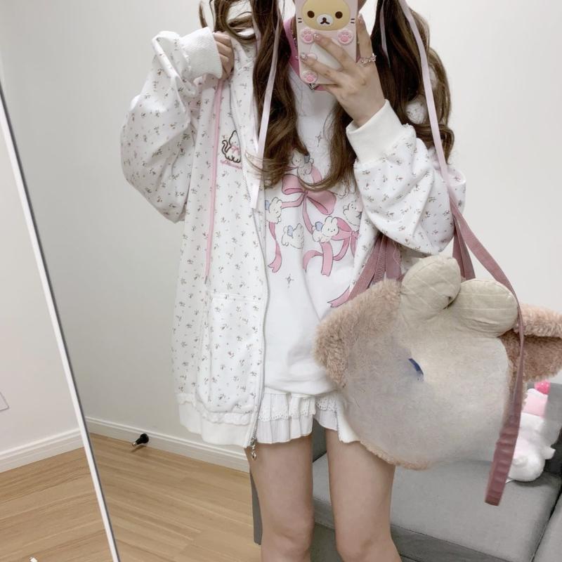 Kawaii Sweet Harajuku hettegenser for kvinner Japansk mote blonder patchwork blomstertrykk Kattebroderi hettegenser med glidelås