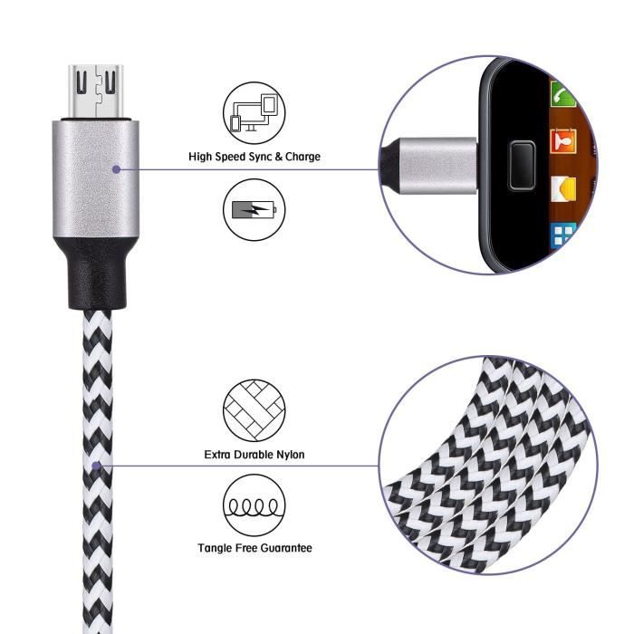 [Lot de 2,2m]Câble Micro USB 2.0 en PU Tressé Connecteur en Aluminium Chargeur Cordon Usb pour Phones Android-Noir+Bleu