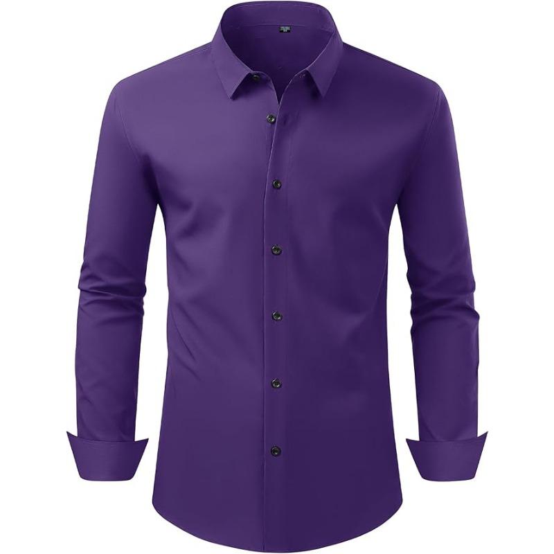 Men Solid Long Sleeve Dress Shirt with Black Buttons, 4-Way Stretch Wrinkle Free Business Formal Shirt, Cross-border Hot Selling Shirt