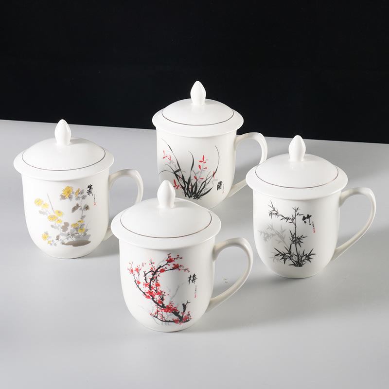 Meilan bamboo chrysanthemum ceramic teacup household large-capacity water cup with lid office meeting cup gift cup set lettering